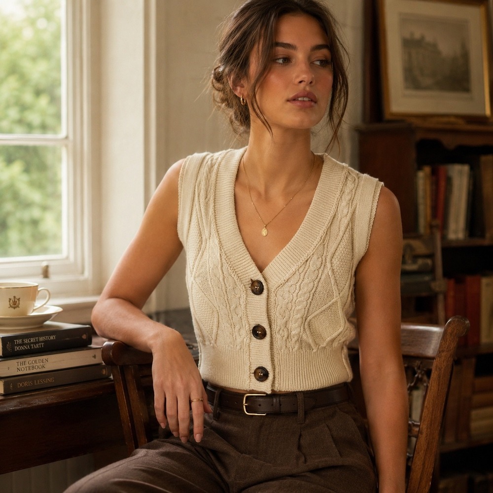 Free People Cream Cable Knit Cropped Sweater Vest V-Neck Button Front Small MS7